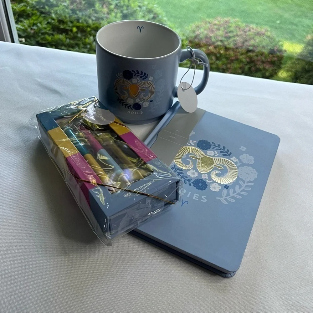 Fringe Studio Aries Zodiac Blue Stationary Set Notebook, Coffee Mug, & Pens NWT